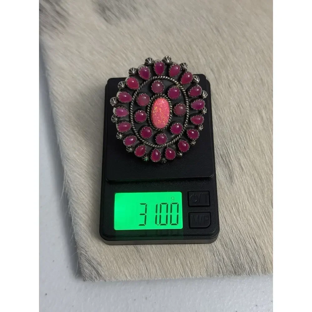 HUGE Sterling Silver Pink Onyx & Pink Fire Opal Flower Cluster Ring 925 Adjust